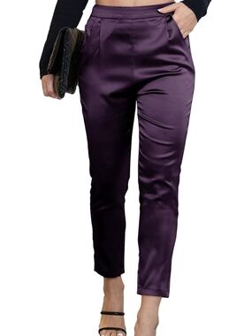 Satin High-Waist Tapered Pants in Deep Purple